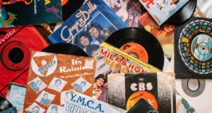 set of retro vinyl records on table