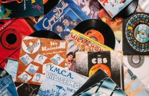 set of retro vinyl records on table