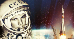 El cosmonauta Yuri Gagarin junto al despegue de una nave